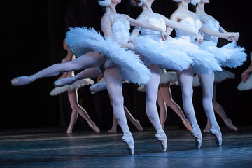 beauty, agility, dancing concept. arm in arm four elegant and graceful female ballet dancers, playing the roles of petite swans, moving, dancing and jumping synchronously - obrazy, fototapety, plakaty