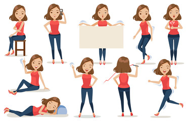 Woman poses Set of  woman character cartoon, in casual clothes in different poses.Stand, sit, run, walk, sleep, jump, write, talk, phone, waved, Feminine Concept Vector illustration 