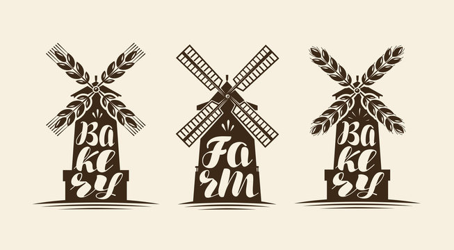 Mill, windmill icon. Farm, bakery set of labels or logos. Handwritten lettering, calligraphy vector illustration