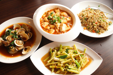 Four chinese food,Yangzhou fried rice ,Stir fried Bamboo shoots,Mapo doufu,Fried clams with basil