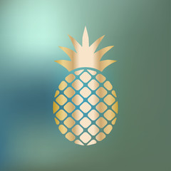 Pineapple Ananas icon gold on a blue bokeh background.