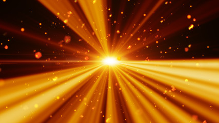 Fototapeta na wymiar Flying golden and fire particles in light beams background.