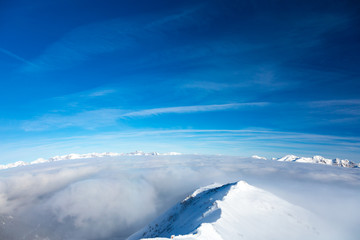 Mountain View of Peaks and Cloud Layer on curved horizon