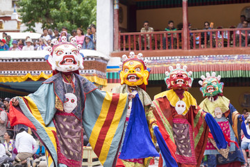 Leh Ladakh,India - July 3:The mask dancing performed by the Lamas in a Hemis festival in Hemis monastery on July 3, 2017 , Leh Ladakh , India. - obrazy, fototapety, plakaty