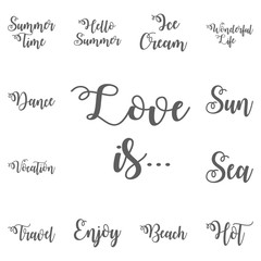 Love is all you need. Inspirational quote about love. Typography card with black words and golden hearts at white background