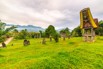 Tipical boat shaped roofs of an ancient traditional wooden building around a cluster of megaliths on the hill of Rantepao, Tana Toraja, South Sulawesi, Indonesia. Wide angle shot, awesome cloudy sky. © fabio lamanna
