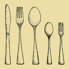 Fork spoons and knife hand drawing. vector illustration