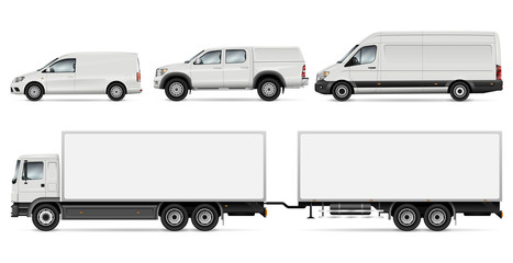Cargo Transport Mock-up: Trailer Truck, Pickup, Van and Commercial Car. Vector Template For Car Branding And Advertising. All layers and groups well organized for easy editing and recolor. © Yuri Schmidt