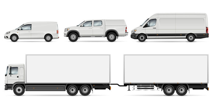 Cargo Transport Mock-up: Trailer Truck, Pickup, Van and Commercial Car. Vector Template For Car Branding And Advertising. All layers and groups well organized for easy editing and recolor.
