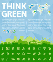 Think Green Vector illustration with small town and infographics
