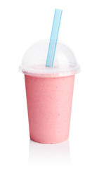 Pink smoothie in plastic transparent cup