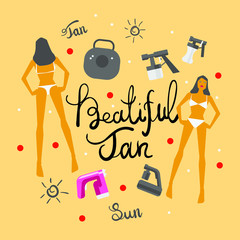 Vector tan spray machine and woman in bikini illustration with calligrpahy text