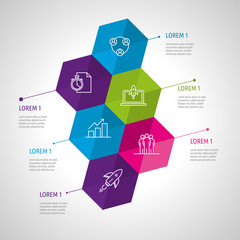 Icon Set and Infographics. Decorative Flags. Color vector time axis. Template with hexagons.