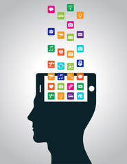 Mobile apps are downloaded and installed in the head in the form of a smartphone, replacing the mind