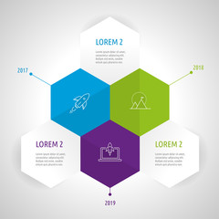 Icon Set and Infographics. Decorative Flags. Color vector time axis. Template with hexagons.
