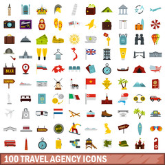 100 travel agency icons set, flat style
