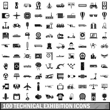 100 technical exhibition icons set, simple style 