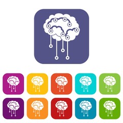 Sensors on human brain icons set