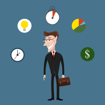 Man in a suit in the center of business icons. The concept of business success. Vector illustration