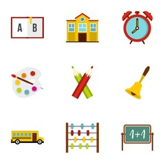 Primary school icons set, flat style