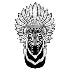 Zebra Horse Wild animal wearing indiat hat with feathers Boho style vintage engraving illustration Image for tattoo, logo, badge, emblem, poster