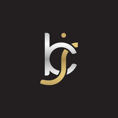 Initial lowercase letter kj, linked overlapping circle chain shape logo, silver gold colors on black background
 
