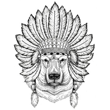 Polar bear Wild animal wearing indiat hat with feathers Boho style vintage engraving illustration Image for tattoo, logo, badge, emblem, poster