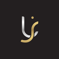 Initial lowercase letter lj, linked overlapping circle chain shape logo, silver gold colors on black background
 
