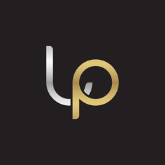 Initial lowercase letter lp, linked overlapping circle chain shape logo, silver gold colors on black background
 
