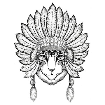 Image of domestic cat Wild animal wearing indiat hat with feathers Boho style vintage engraving illustration Image for tattoo, logo, badge, emblem, poster