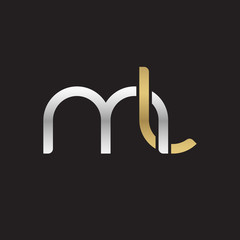 Fototapeta premium Initial lowercase letter ml, linked overlapping circle chain shape logo, silver gold colors on black background