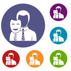 Businessman holding smile mask icons set