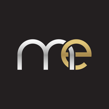 Initial lowercase letter me, linked overlapping circle chain shape logo, silver gold colors on black background