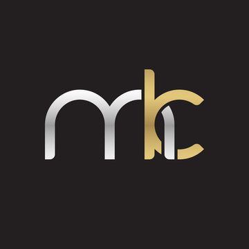 Initial lowercase letter mk, linked overlapping circle chain shape logo, silver gold colors on black background