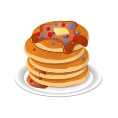 Fresh tasty hot pancakes with sweet maple syrup. Cartoon icon isolated on background. Vintage restaurant sign. Vector illustration, eps10.