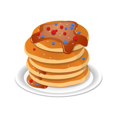 Fresh tasty hot pancakes with sweet maple syrup. Cartoon icon isolated on background. Vintage restaurant sign. Vector illustration, eps10.