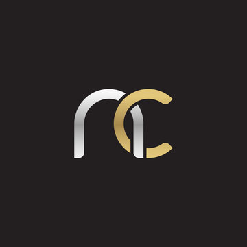 Initial lowercase letter nc, linked overlapping circle chain shape logo, silver gold colors on black background