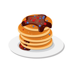 Fresh tasty hot pancakes with sweet maple syrup. Cartoon icon isolated on background. Vintage restaurant sign. Vector illustration, eps10.