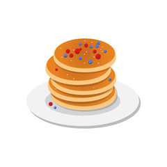 Fresh tasty hot pancakes with sweet maple syrup. Cartoon icon isolated on background. Vintage restaurant sign. Vector illustration, eps10.