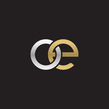 Initial lowercase letter oe, linked overlapping circle chain shape logo, silver gold colors on black background
 
