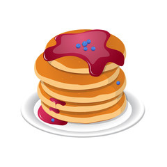 Fresh tasty hot pancakes with sweet maple syrup. Cartoon icon isolated on background. Vintage restaurant sign. Vector illustration, eps10.
