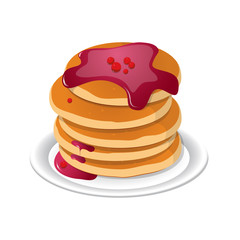 Fresh tasty hot pancakes with sweet maple syrup. Cartoon icon isolated on background. Vintage restaurant sign. Vector illustration, eps10.