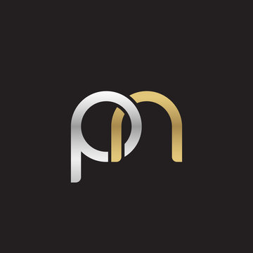 Initial lowercase letter pn, linked overlapping circle chain shape logo, silver gold colors on black background