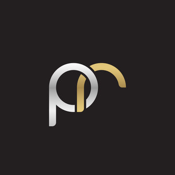Initial lowercase letter pr, linked overlapping circle chain shape logo, silver gold colors on black background
