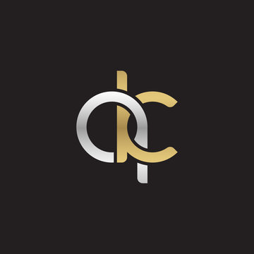 Initial lowercase letter qk, linked overlapping circle chain shape logo, silver gold colors on black background