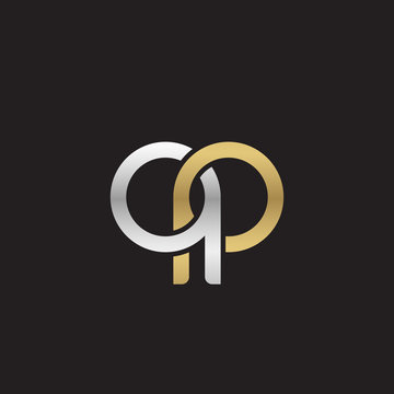 Initial lowercase letter qp, linked overlapping circle chain shape logo, silver gold colors on black background