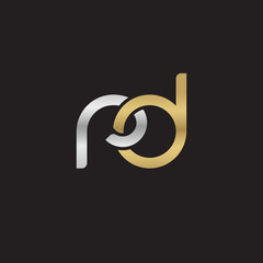 Initial lowercase letter rd, linked overlapping circle chain shape logo, silver gold colors on black background