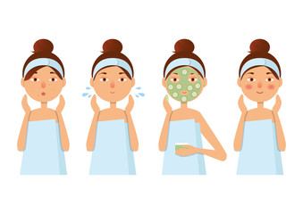 Beautiful girl inflicts a mask of clay or cream on the face. Beauty, body care concept. Vector illustration