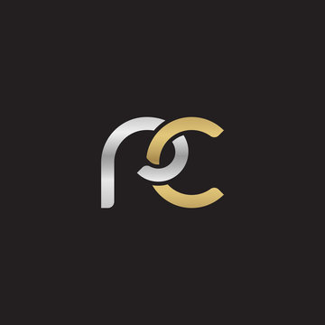 Initial lowercase letter rc, linked overlapping circle chain shape logo, silver gold colors on black background