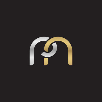 Initial lowercase letter rn, linked overlapping circle chain shape logo, silver gold colors on black background